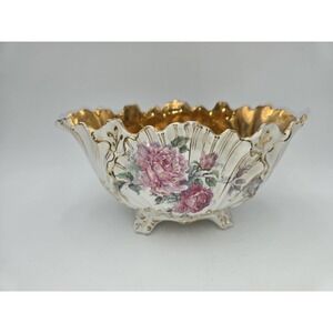 RARE Shenango China Centerpiece Footed Bowl  Marked Gold Interior Pink Roses‎